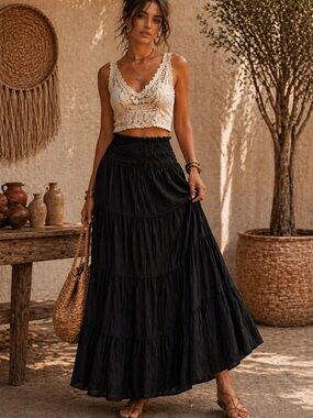 NWT Rhea Leena Tiered Maxi Skirt Black Boho Smocked Waist Flowy S/M